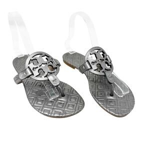 Tory Burch Miller Marion Silver Quilted Leather Logo Sandals Size 6
